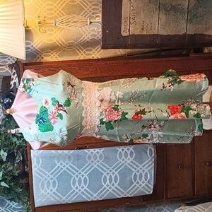 (k6) Retro Mint Floral Fit And Flare Tank Dress with Lace Waist XL